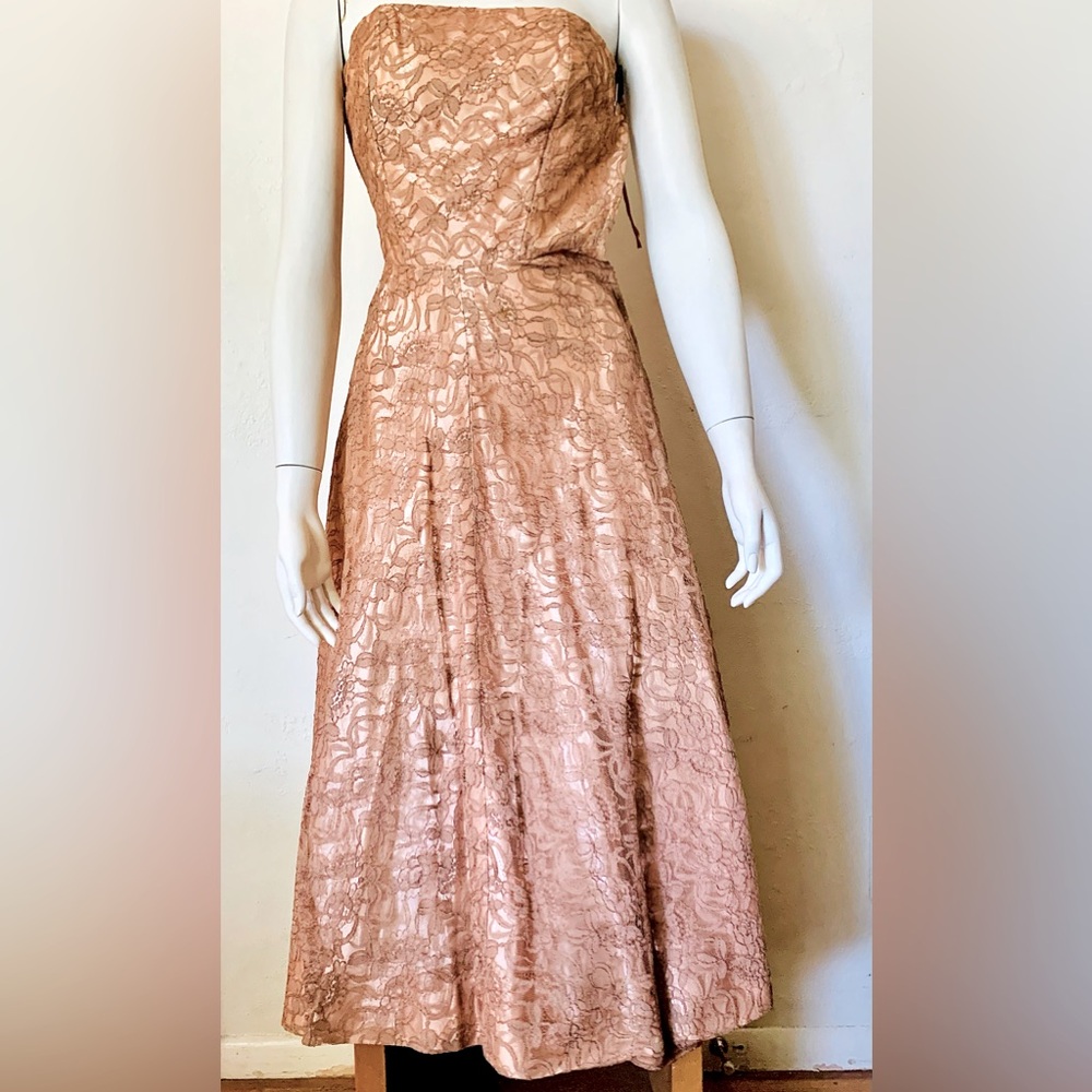 Pretty in Pink:50’s Strapless with Boning-in Bodice Lace over Satin Party Dress